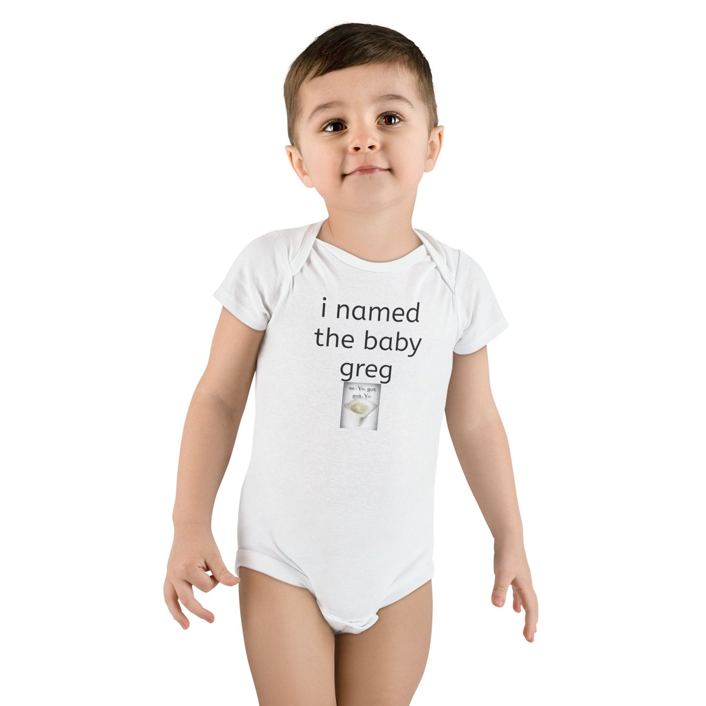 i named the baby greg front side albert backside premium baby onesie