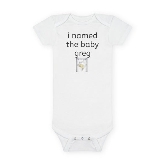 i named the baby greg front side albert backside premium baby onesie